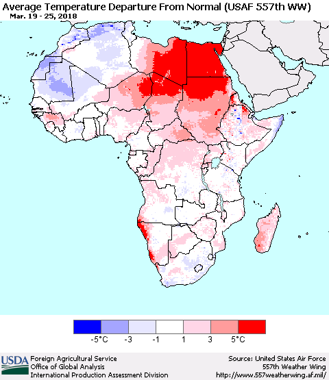 Africa Average Temperature Departure from Normal (USAF 557th WW) Thematic Map For 3/19/2018 - 3/25/2018