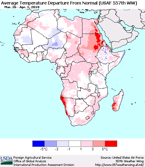 Africa Average Temperature Departure from Normal (USAF 557th WW) Thematic Map For 3/26/2018 - 4/1/2018