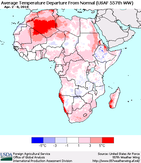 Africa Average Temperature Departure from Normal (USAF 557th WW) Thematic Map For 4/2/2018 - 4/8/2018