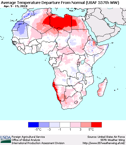 Africa Average Temperature Departure from Normal (USAF 557th WW) Thematic Map For 4/9/2018 - 4/15/2018