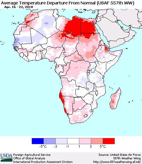 Africa Average Temperature Departure from Normal (USAF 557th WW) Thematic Map For 4/16/2018 - 4/22/2018