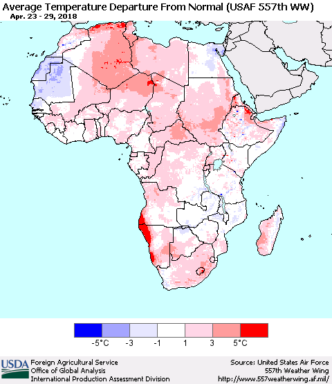 Africa Average Temperature Departure from Normal (USAF 557th WW) Thematic Map For 4/23/2018 - 4/29/2018