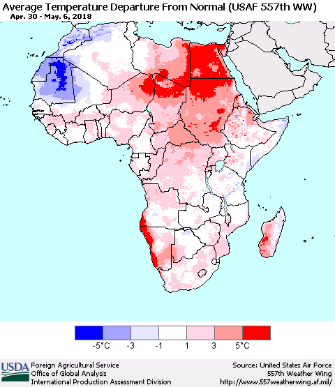 Africa Average Temperature Departure from Normal (USAF 557th WW) Thematic Map For 4/30/2018 - 5/6/2018