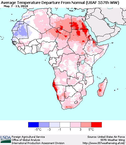 Africa Average Temperature Departure from Normal (USAF 557th WW) Thematic Map For 5/7/2018 - 5/13/2018
