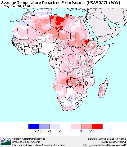 Africa Average Temperature Departure from Normal (USAF 557th WW) Thematic Map For 5/14/2018 - 5/20/2018
