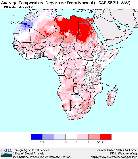 Africa Average Temperature Departure from Normal (USAF 557th WW) Thematic Map For 5/21/2018 - 5/27/2018