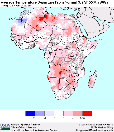 Africa Average Temperature Departure from Normal (USAF 557th WW) Thematic Map For 5/28/2018 - 6/3/2018