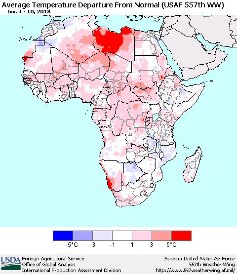 Africa Average Temperature Departure from Normal (USAF 557th WW) Thematic Map For 6/4/2018 - 6/10/2018