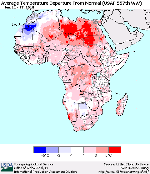 Africa Average Temperature Departure from Normal (USAF 557th WW) Thematic Map For 6/11/2018 - 6/17/2018