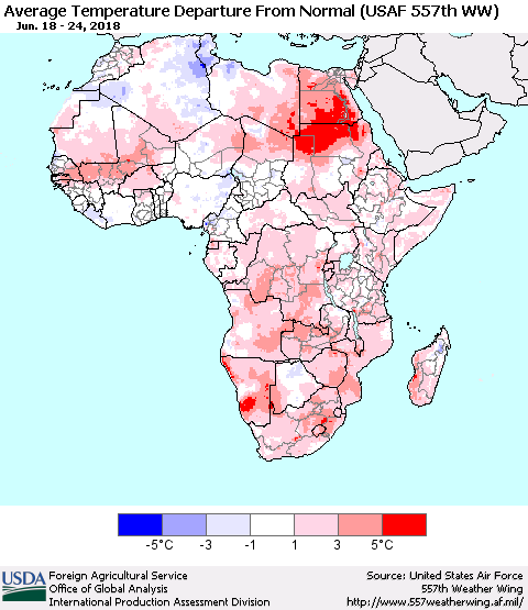 Africa Average Temperature Departure from Normal (USAF 557th WW) Thematic Map For 6/18/2018 - 6/24/2018