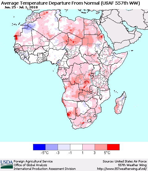 Africa Average Temperature Departure from Normal (USAF 557th WW) Thematic Map For 6/25/2018 - 7/1/2018