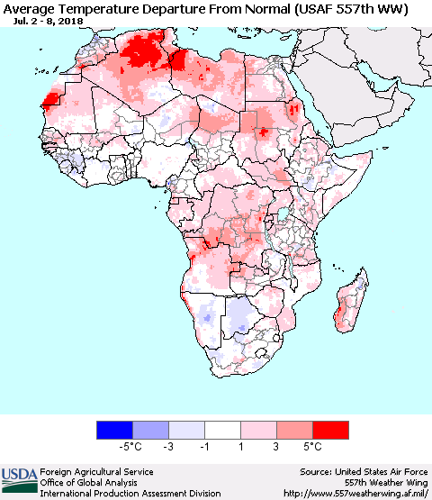 Africa Average Temperature Departure from Normal (USAF 557th WW) Thematic Map For 7/2/2018 - 7/8/2018