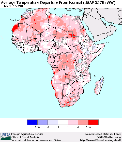 Africa Average Temperature Departure from Normal (USAF 557th WW) Thematic Map For 7/9/2018 - 7/15/2018