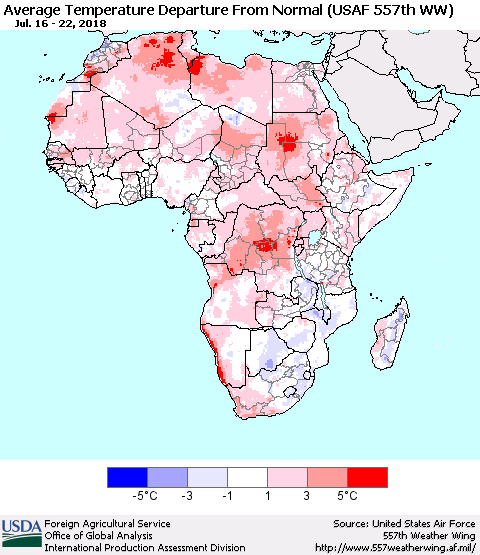 Africa Average Temperature Departure from Normal (USAF 557th WW) Thematic Map For 7/16/2018 - 7/22/2018