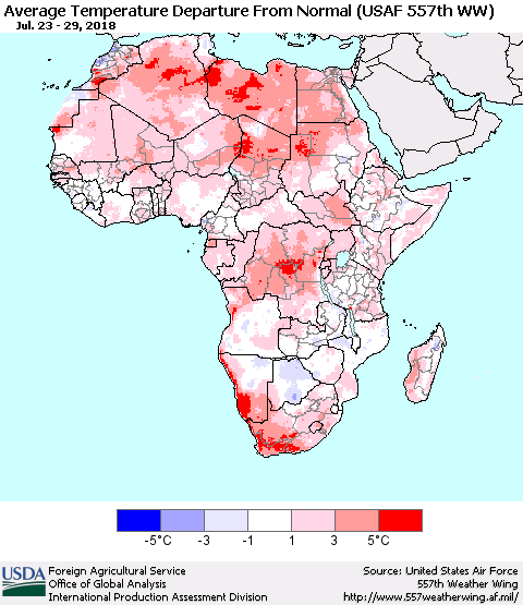 Africa Average Temperature Departure from Normal (USAF 557th WW) Thematic Map For 7/23/2018 - 7/29/2018