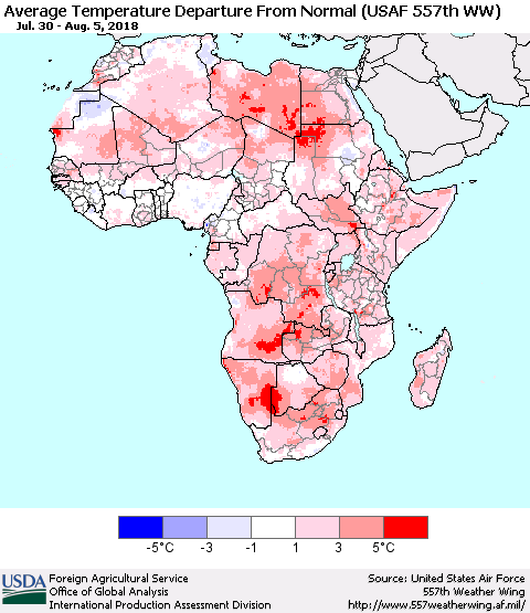 Africa Average Temperature Departure from Normal (USAF 557th WW) Thematic Map For 7/30/2018 - 8/5/2018