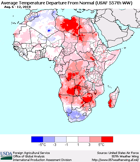 Africa Average Temperature Departure from Normal (USAF 557th WW) Thematic Map For 8/6/2018 - 8/12/2018