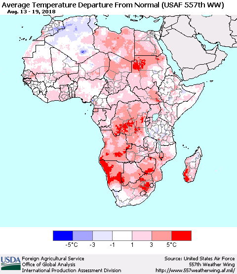 Africa Average Temperature Departure from Normal (USAF 557th WW) Thematic Map For 8/13/2018 - 8/19/2018