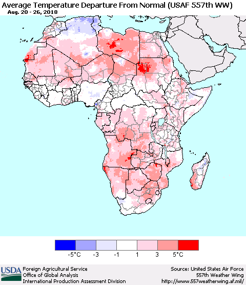 Africa Average Temperature Departure from Normal (USAF 557th WW) Thematic Map For 8/20/2018 - 8/26/2018