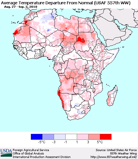 Africa Average Temperature Departure from Normal (USAF 557th WW) Thematic Map For 8/27/2018 - 9/2/2018