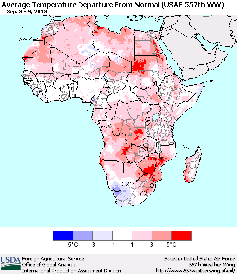 Africa Average Temperature Departure from Normal (USAF 557th WW) Thematic Map For 9/3/2018 - 9/9/2018