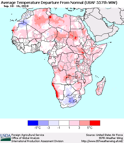 Africa Average Temperature Departure from Normal (USAF 557th WW) Thematic Map For 9/10/2018 - 9/16/2018