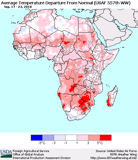 Africa Average Temperature Departure from Normal (USAF 557th WW) Thematic Map For 9/17/2018 - 9/23/2018