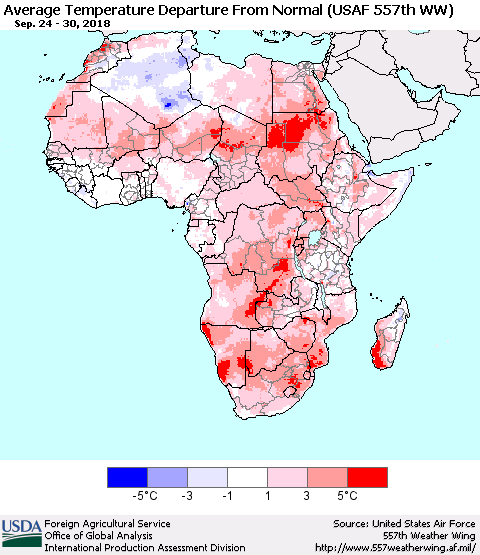 Africa Average Temperature Departure from Normal (USAF 557th WW) Thematic Map For 9/24/2018 - 9/30/2018