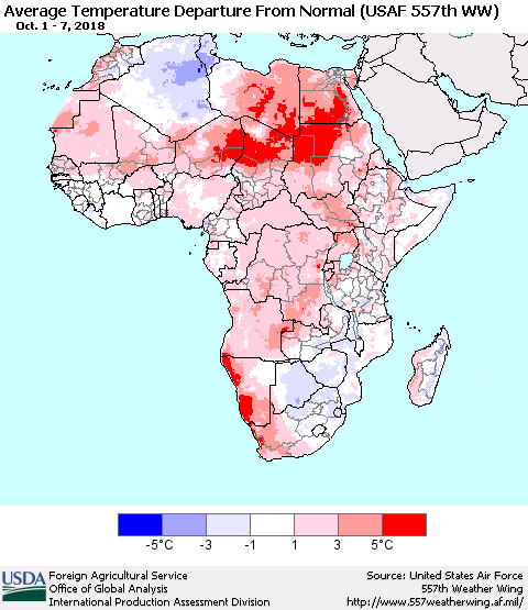 Africa Average Temperature Departure from Normal (USAF 557th WW) Thematic Map For 10/1/2018 - 10/7/2018