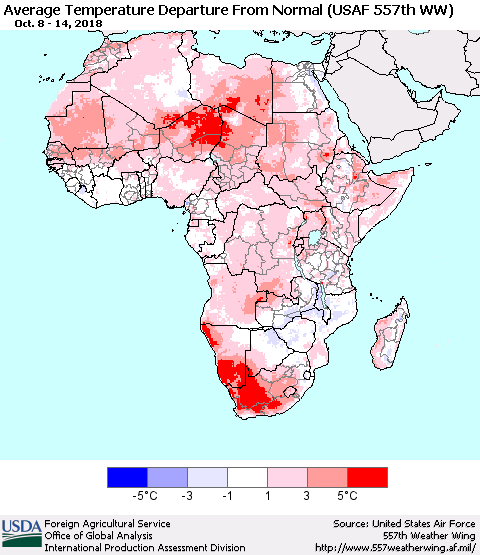 Africa Average Temperature Departure from Normal (USAF 557th WW) Thematic Map For 10/8/2018 - 10/14/2018