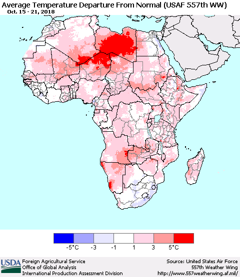 Africa Average Temperature Departure from Normal (USAF 557th WW) Thematic Map For 10/15/2018 - 10/21/2018