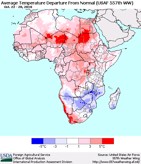 Africa Average Temperature Departure from Normal (USAF 557th WW) Thematic Map For 10/22/2018 - 10/28/2018