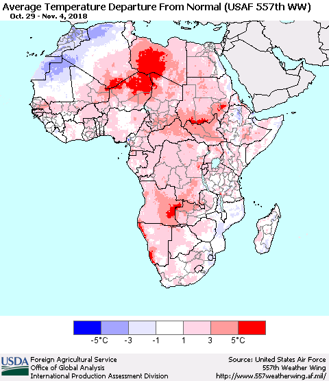 Africa Average Temperature Departure from Normal (USAF 557th WW) Thematic Map For 10/29/2018 - 11/4/2018