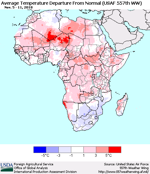Africa Average Temperature Departure from Normal (USAF 557th WW) Thematic Map For 11/5/2018 - 11/11/2018