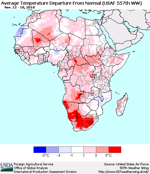 Africa Average Temperature Departure from Normal (USAF 557th WW) Thematic Map For 11/12/2018 - 11/18/2018