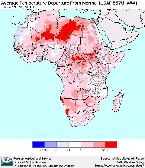 Africa Average Temperature Departure from Normal (USAF 557th WW) Thematic Map For 11/19/2018 - 11/25/2018