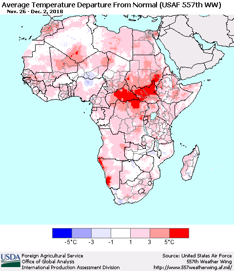 Africa Average Temperature Departure from Normal (USAF 557th WW) Thematic Map For 11/26/2018 - 12/2/2018