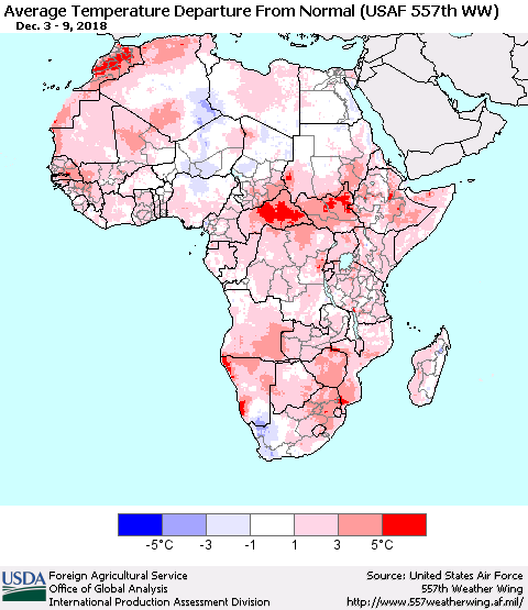 Africa Average Temperature Departure from Normal (USAF 557th WW) Thematic Map For 12/3/2018 - 12/9/2018
