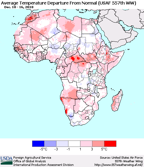 Africa Average Temperature Departure from Normal (USAF 557th WW) Thematic Map For 12/10/2018 - 12/16/2018