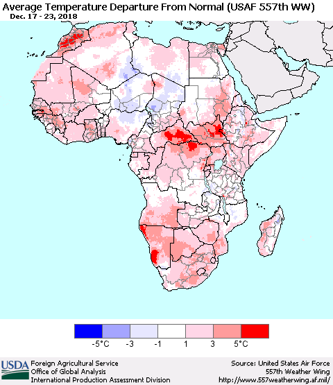 Africa Average Temperature Departure from Normal (USAF 557th WW) Thematic Map For 12/17/2018 - 12/23/2018