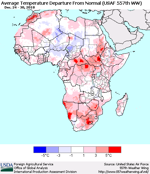 Africa Average Temperature Departure from Normal (USAF 557th WW) Thematic Map For 12/24/2018 - 12/30/2018