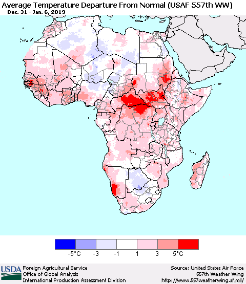 Africa Average Temperature Departure from Normal (USAF 557th WW) Thematic Map For 12/31/2018 - 1/6/2019