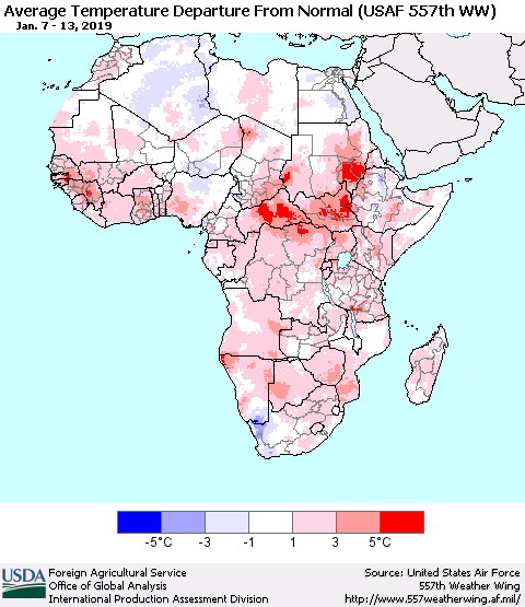 Africa Average Temperature Departure from Normal (USAF 557th WW) Thematic Map For 1/7/2019 - 1/13/2019