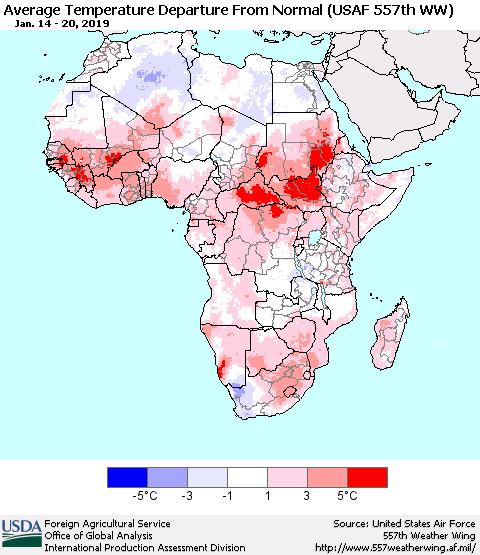 Africa Average Temperature Departure from Normal (USAF 557th WW) Thematic Map For 1/14/2019 - 1/20/2019