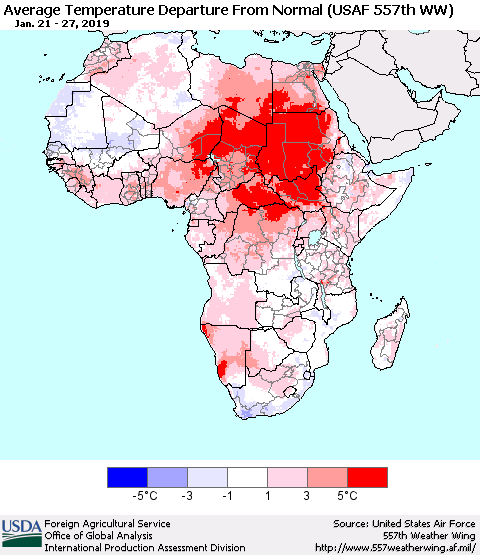 Africa Average Temperature Departure from Normal (USAF 557th WW) Thematic Map For 1/21/2019 - 1/27/2019