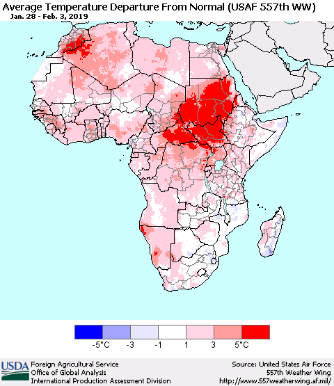 Africa Average Temperature Departure from Normal (USAF 557th WW) Thematic Map For 1/28/2019 - 2/3/2019