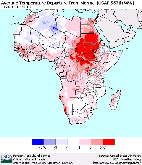 Africa Average Temperature Departure from Normal (USAF 557th WW) Thematic Map For 2/4/2019 - 2/10/2019