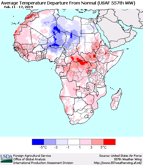 Africa Average Temperature Departure from Normal (USAF 557th WW) Thematic Map For 2/11/2019 - 2/17/2019