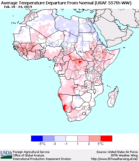 Africa Average Temperature Departure from Normal (USAF 557th WW) Thematic Map For 2/18/2019 - 2/24/2019