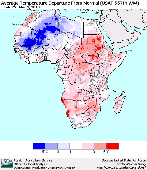 Africa Average Temperature Departure from Normal (USAF 557th WW) Thematic Map For 2/25/2019 - 3/3/2019